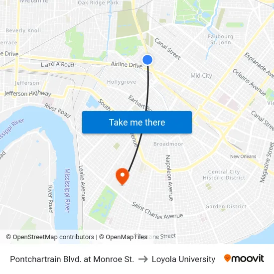 Pontchartrain Blvd. at Monroe St. to Loyola University map