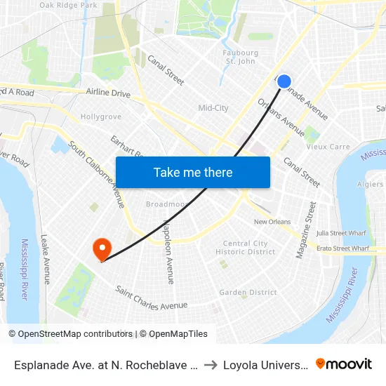 Esplanade Ave. at N. Rocheblave St. to Loyola University map