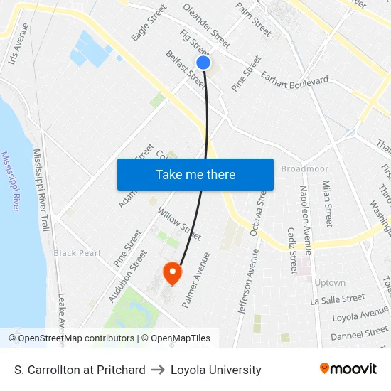 S. Carrollton at Pritchard to Loyola University map