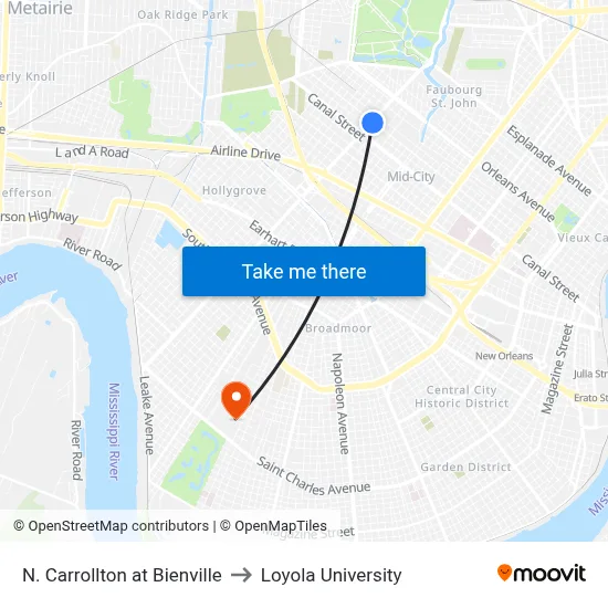 N. Carrollton at Bienville to Loyola University map