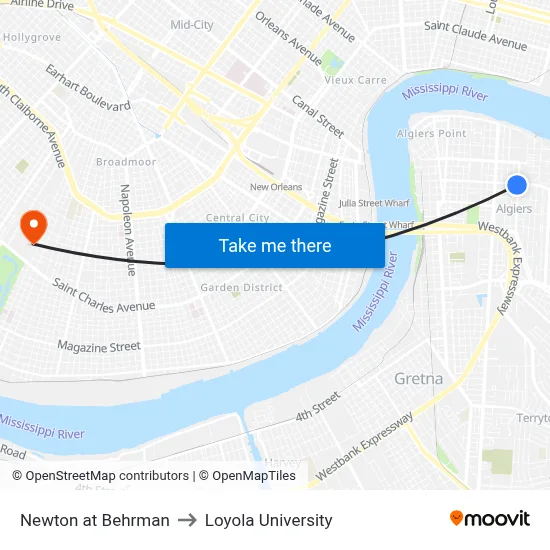 Newton at Behrman to Loyola University map