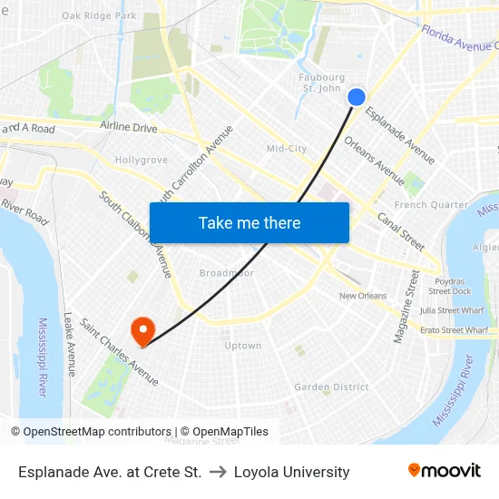 Esplanade Ave. at Crete St. to Loyola University map