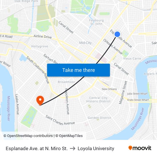 Esplanade Ave. at N. Miro St. to Loyola University map