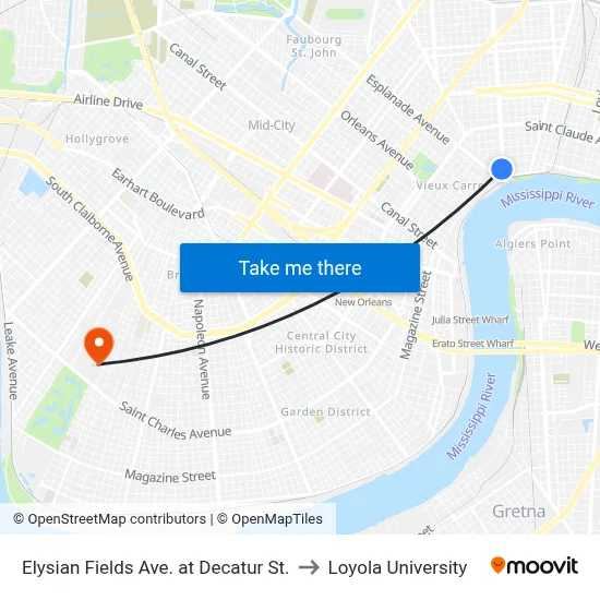 Elysian Fields Ave. at Decatur St. to Loyola University map