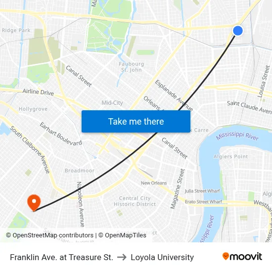 Franklin Ave. at Treasure St. to Loyola University map