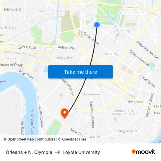 Orleans + N. Olympia to Loyola University map