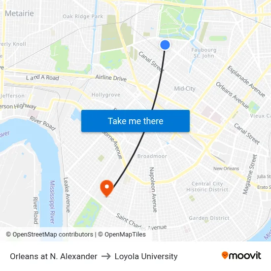 Orleans at N. Alexander to Loyola University map