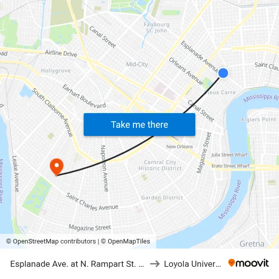 Esplanade Ave. at N. Rampart St. (Far) to Loyola University map