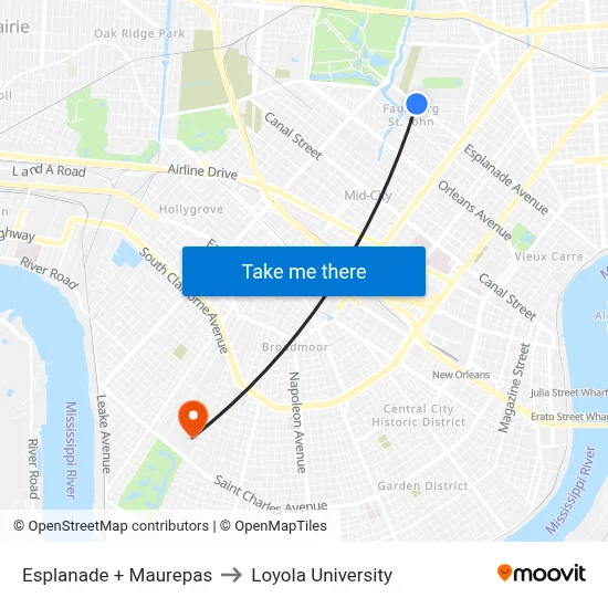Esplanade + Maurepas to Loyola University map