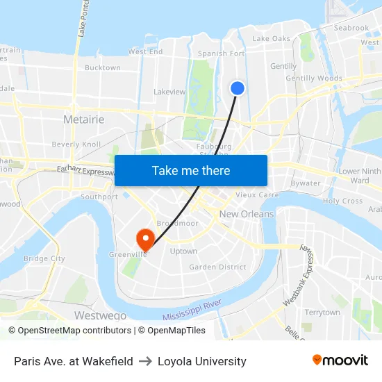 Paris Ave. at Wakefield to Loyola University map