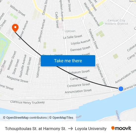 Tchoupitoulas St. at Harmony St. to Loyola University map