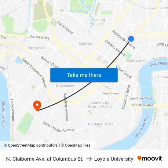 N. Claiborne Ave. at Columbus St. to Loyola University map