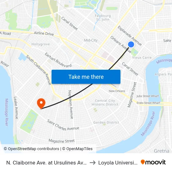 N. Claiborne Ave. at Ursulines Ave. to Loyola University map