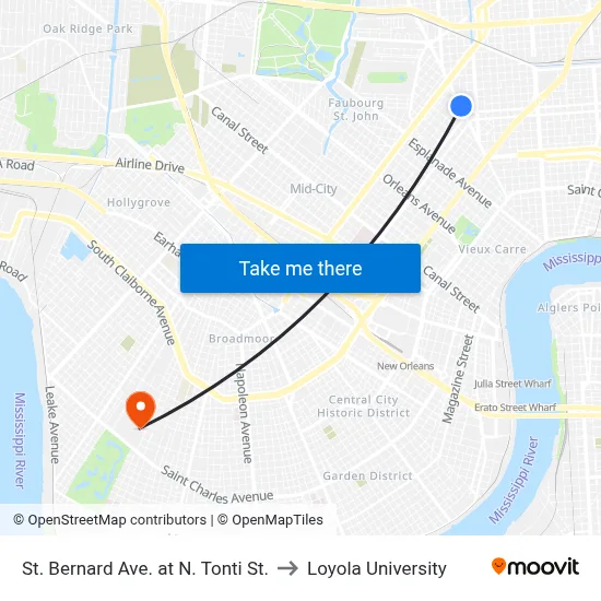 St. Bernard Ave. at N. Tonti St. to Loyola University map