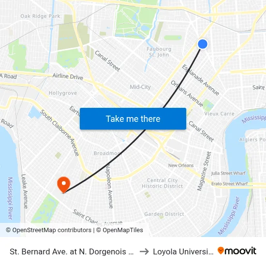 St. Bernard Ave. at N. Dorgenois St. to Loyola University map
