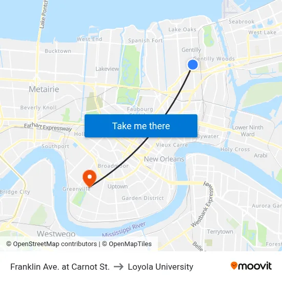 Franklin Ave. at Carnot St. to Loyola University map
