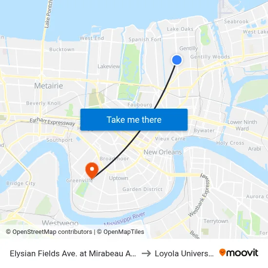 Elysian Fields Ave. at Mirabeau Ave. to Loyola University map