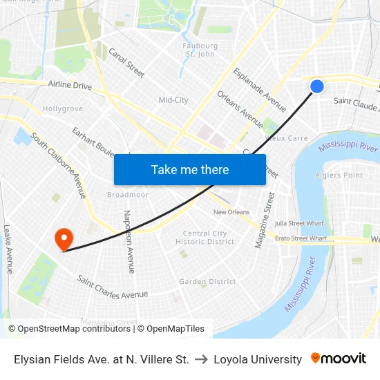Elysian Fields Ave. at N. Villere St. to Loyola University map
