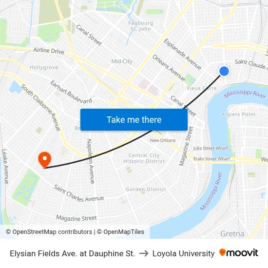 Elysian Fields Ave. at Dauphine St. to Loyola University map