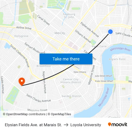 Elysian Fields Ave. at Marais St. to Loyola University map
