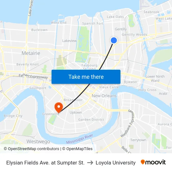 Elysian Fields Ave. at Sumpter St. to Loyola University map