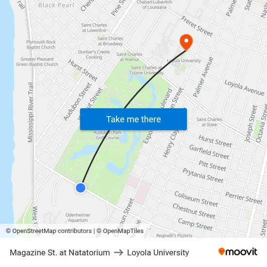 Magazine St. at Natatorium to Loyola University map