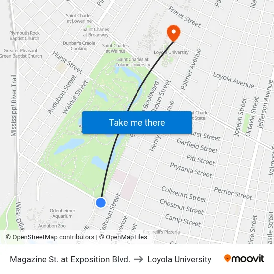 Magazine St. at Exposition Blvd. to Loyola University map