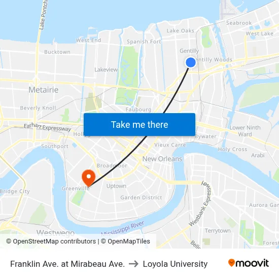 Franklin Ave. at Mirabeau Ave. to Loyola University map