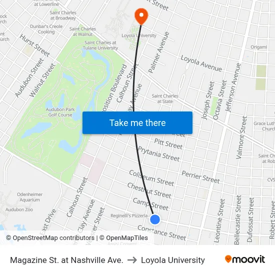 Magazine St. at Nashville Ave. to Loyola University map