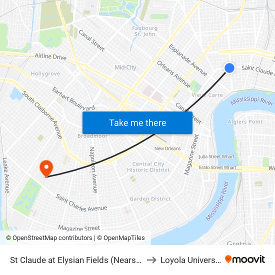 St Claude at Elysian Fields (Nearside) to Loyola University map