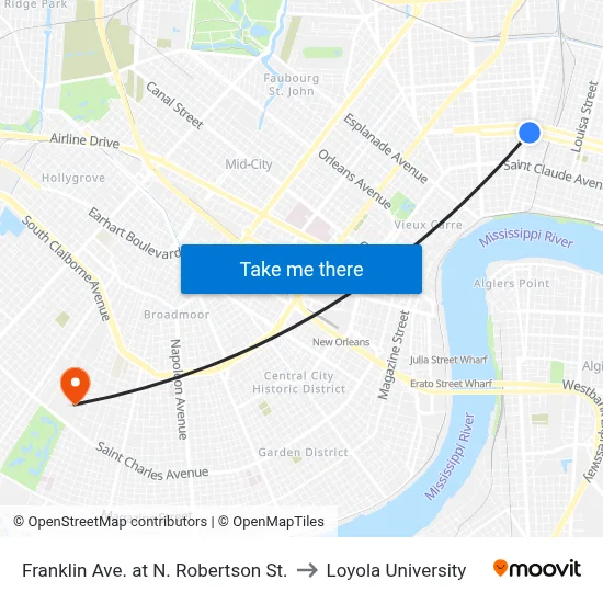 Franklin Ave. at N. Robertson St. to Loyola University map