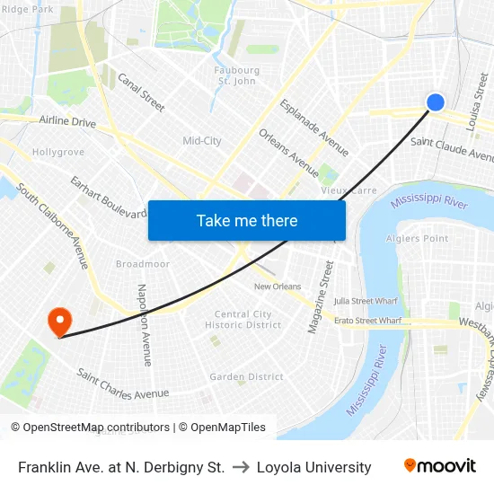 Franklin Ave. at N. Derbigny St. to Loyola University map