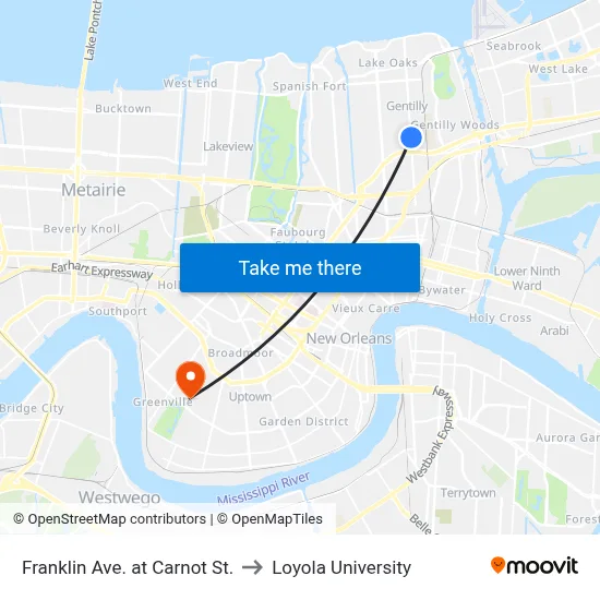 Franklin Ave. at Carnot St. to Loyola University map