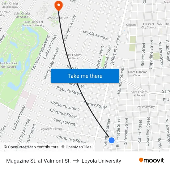 Magazine St. at Valmont St. to Loyola University map