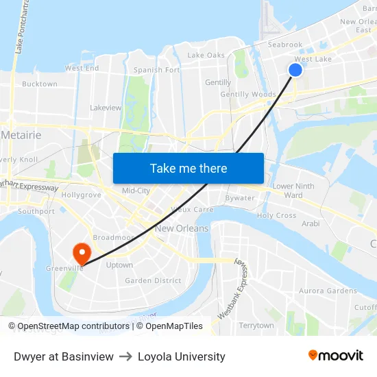 Dwyer at Basinview to Loyola University map