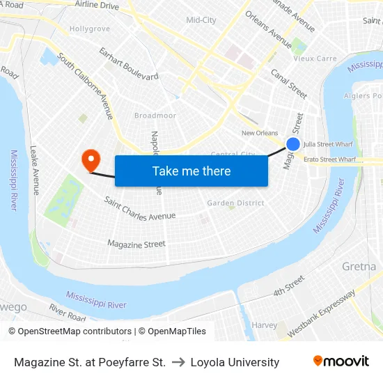 Magazine St. at Poeyfarre St. to Loyola University map