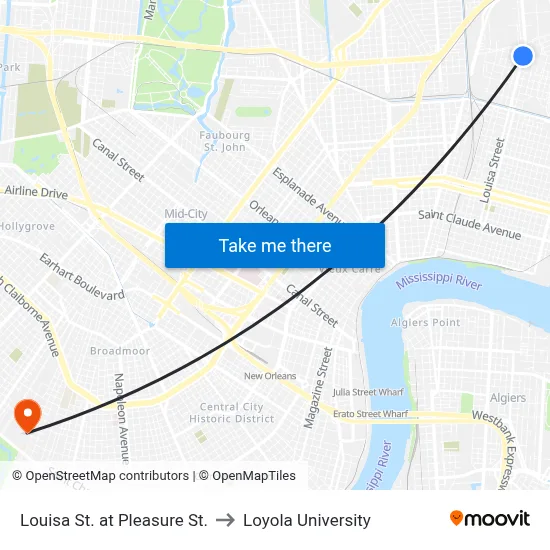 Louisa St. at Pleasure St. to Loyola University map