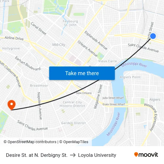 Desire St. at N. Derbigny St. to Loyola University map