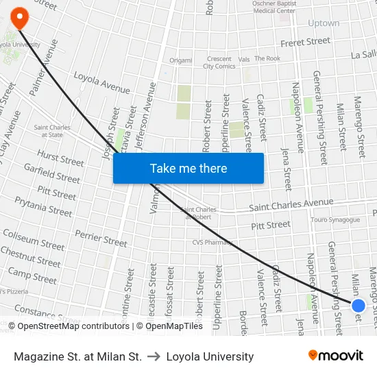Magazine St. at Milan St. to Loyola University map