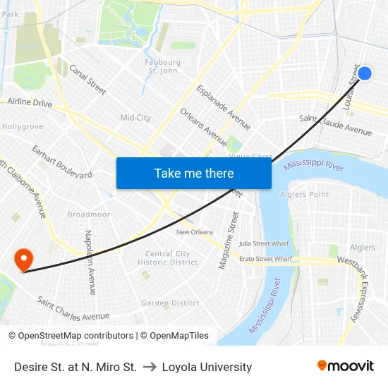 Desire St. at N. Miro St. to Loyola University map