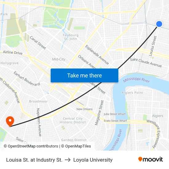 Louisa St. at Industry St. to Loyola University map