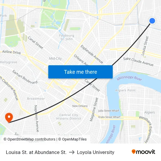 Louisa St. at Abundance St. to Loyola University map