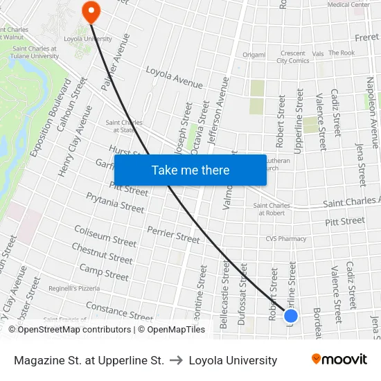 Magazine St. at Upperline St. to Loyola University map