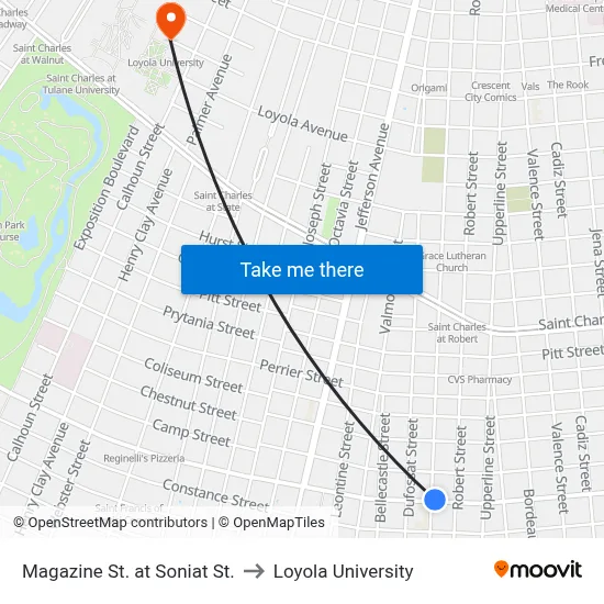 Magazine St. at Soniat St. to Loyola University map