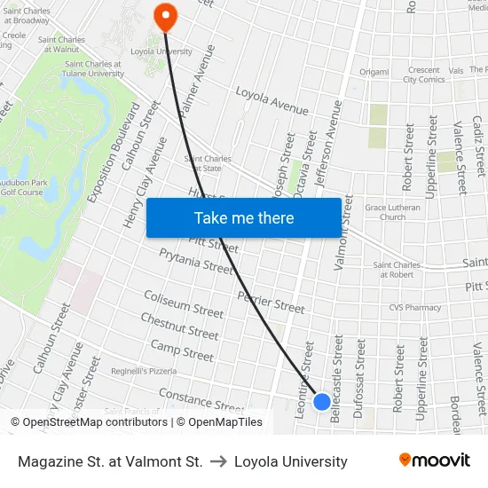 Magazine St. at Valmont St. to Loyola University map