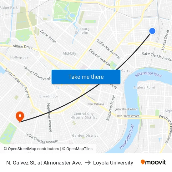 N. Galvez St. at Almonaster Ave. to Loyola University map