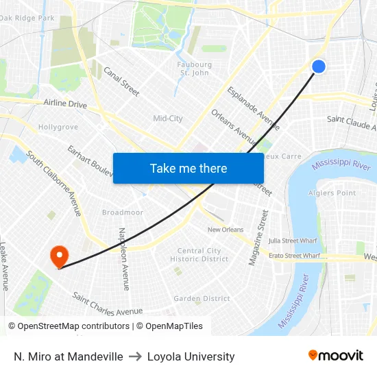 N. Miro at Mandeville to Loyola University map