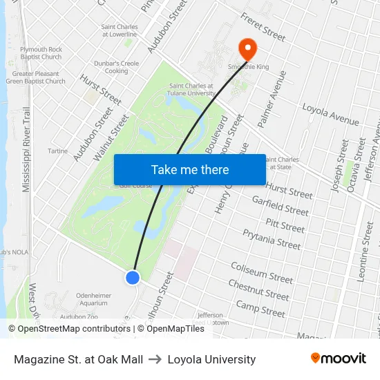 Magazine St. at Oak Mall to Loyola University map