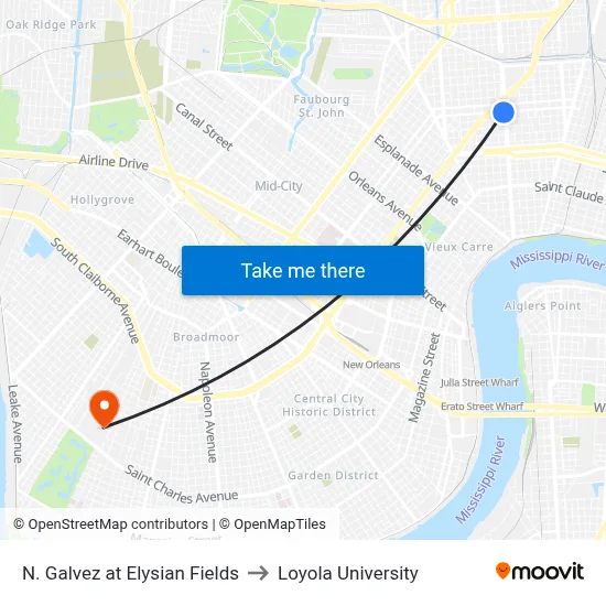 N. Galvez at Elysian Fields to Loyola University map