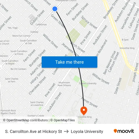 S. Carrollton Ave at Hickory St to Loyola University map